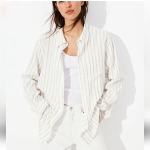 H&M 100% Linen Blue and White Striped Women's Shirt Long Sleeve